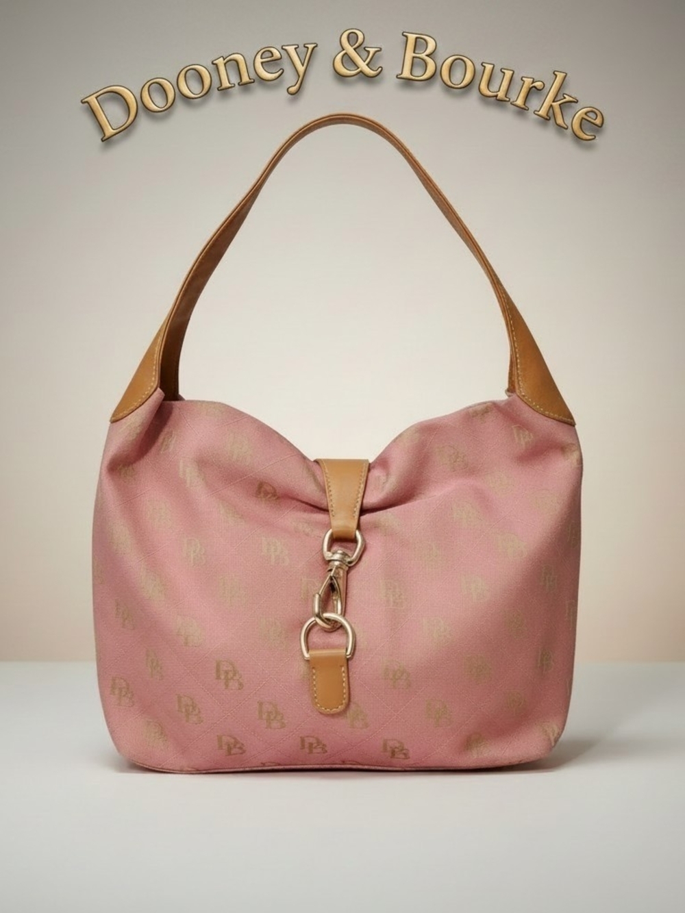 Dooney & Bourke Vintage Y2K Jacquard & Leather Trim Large Logo Sac Hobo Bag-Pink